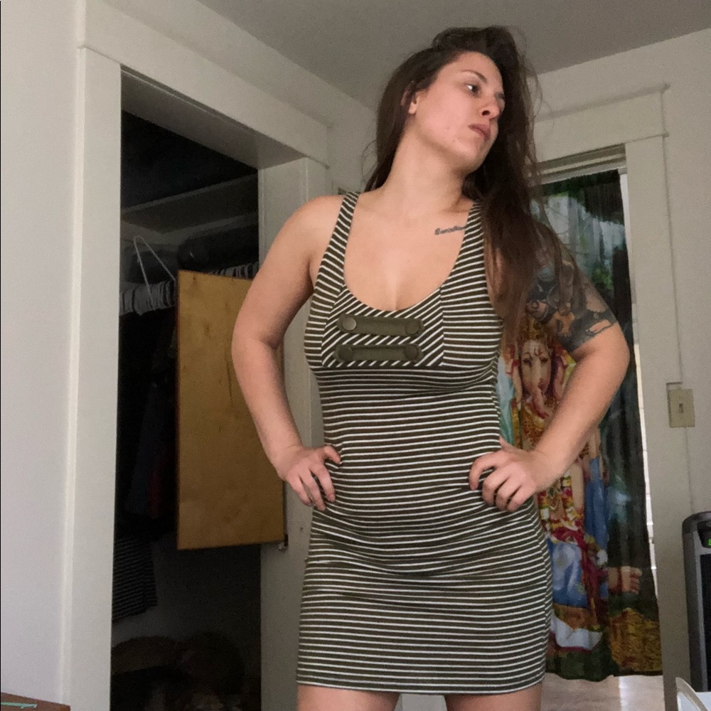 Olive Green & White Striped Dress